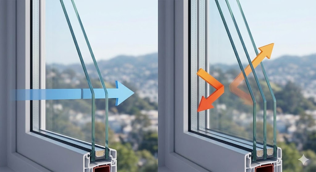 This close-up, split-screen cross-section clearly visualizes the difference in insulation properties using graphical blue and orange arrows, strictly avoiding cost numbers or text labels.